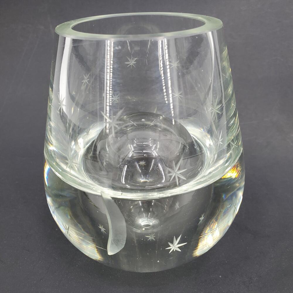 Blown Crystal Moon & Stars Etched Clear Bubbble Art Glass Vase MCM Poland 2 Side